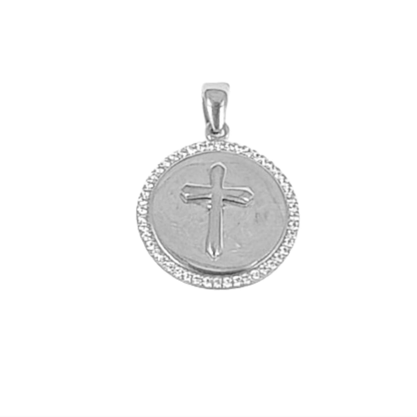 MEDALLA CRUZ RELIEVE PLATA ACABADO RODIO LISO BRILLO CIRCONITAS