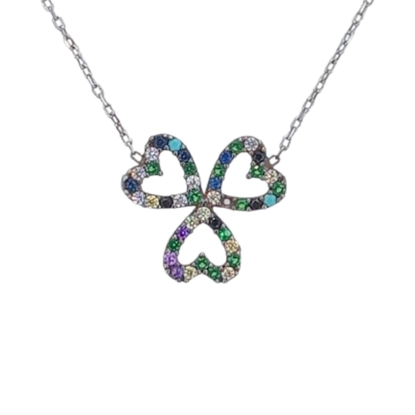 COLLAR PLATA ACABADO RODIO TREBOL CORAZON CIRCONITAS TURQUESAS