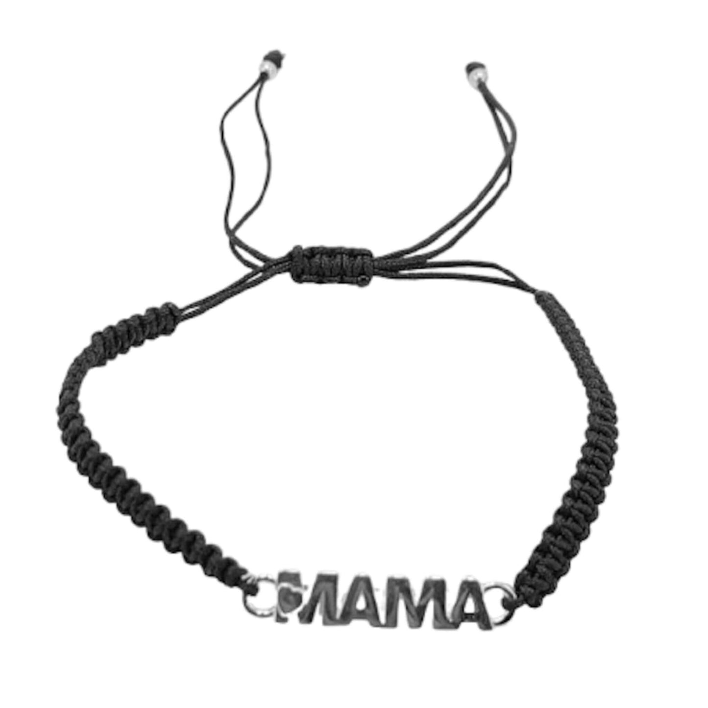 PULSERA MAMA PLATA HILO NEGRO ACABADO PLATEADO LISO BRILLO