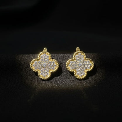 Pendientes Trébol Dorado con Circonitas Acero Chapado Oro 14K