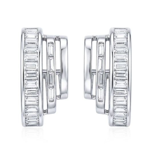 Pendientes Aro Baguette Circonitas Blancas | Acero Inoxidable Plateado