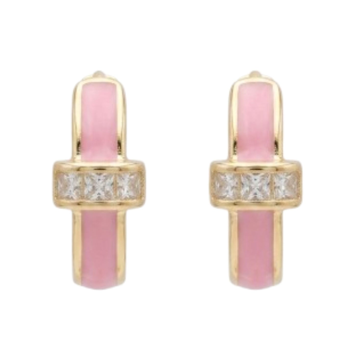 Pendientes Acero Aros Esmalte Rosa | Circonitas Blancas | Chapado Oro 14K