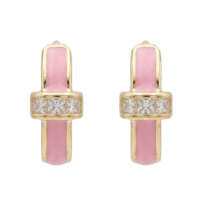 Pendientes Acero Aros Esmalte Rosa | Circonitas Blancas | Chapado Oro 14K