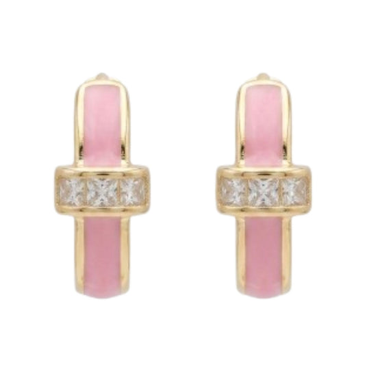 Pendientes Acero Aros Esmalte Rosa | Circonitas Blancas | Chapado Oro 14K