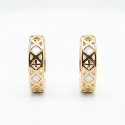 Pendientes Acero Aros Esmalte Rosa | Circonitas Blancas | Chapado Oro 14K