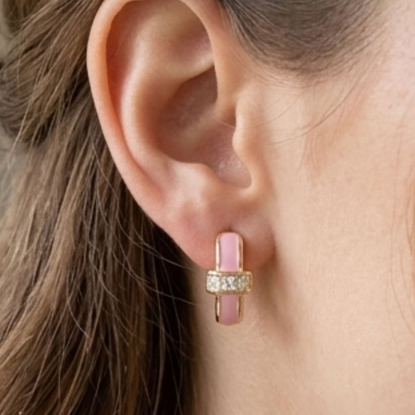 Pendientes Acero Aros Esmalte Rosa | Circonitas Blancas | Chapado Oro 14K