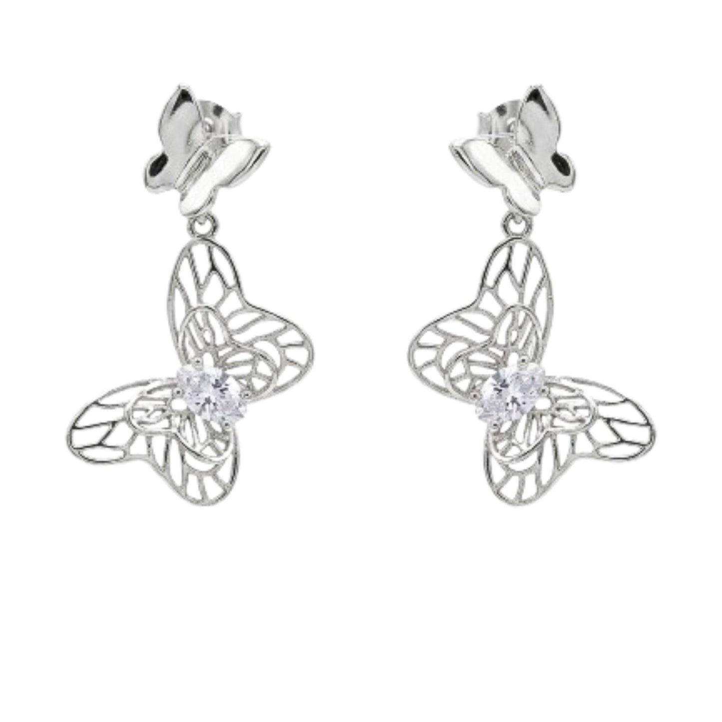 Pendientes Mariposa Colgante Calado Plateado | Acero Inoxidable
