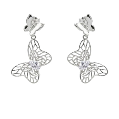 Pendientes Mariposa Colgante Calado Plateado | Acero Inoxidable