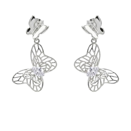 Pendientes Mariposa Colgante Calado Plateado | Acero Inoxidable