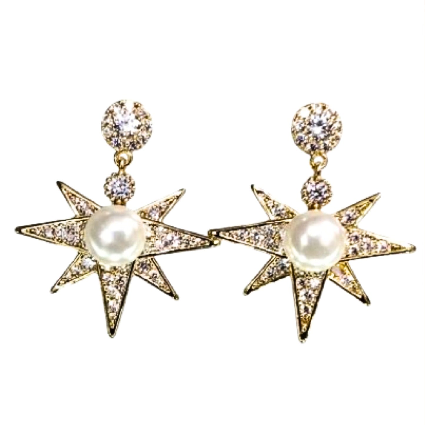 Pendientes Sol Perla Dorada con Circonitas | Acero Inoxidable Chapado Oro 14K