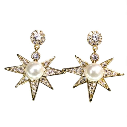 Pendientes Sol Perla Dorada con Circonitas | Acero Inoxidable Chapado Oro 14K