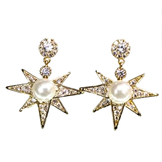Pendientes Sol Perla Dorada con Circonitas | Acero Inoxidable Chapado Oro 14K