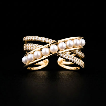 Anillo Perlas & Circonitas Chapado Oro 14K Ajustable