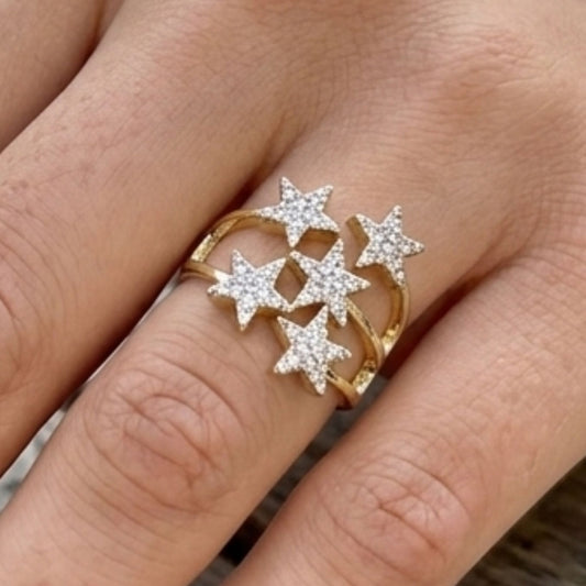 Anillo Estrellas Acero Inoxidable Dorado con Circonitas Blancas Ajustable