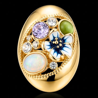 Anillo Dorado Floral con Circonitas y Piedras de Color | Acero Inoxidable Chapado Oro 14K