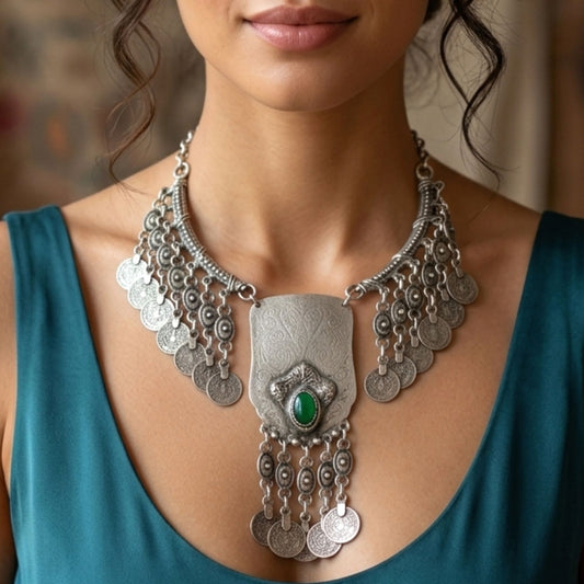 Collar Zamak Plateado con Monedas y Piedra Verde | Hipoalergénico