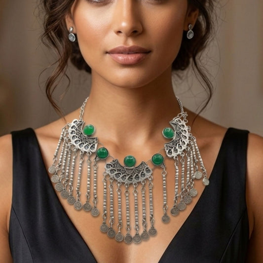Collar Gargantilla de Zamak Plateado con Piedras Verdes – Hipoalergénico