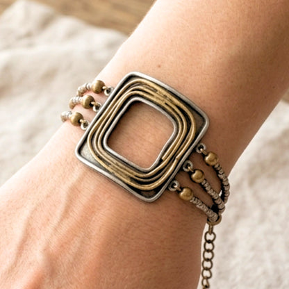 Pulsera Brazalete Geométrico Bicolor – Bronce Dorado Envejecido & Plateado