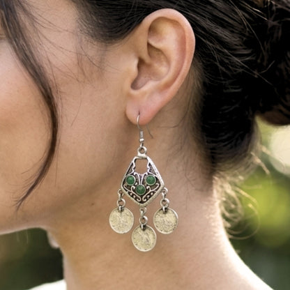 Pendientes Largos Zamak Mujer | Estilo Hippie Vintage con Piedras Verdes