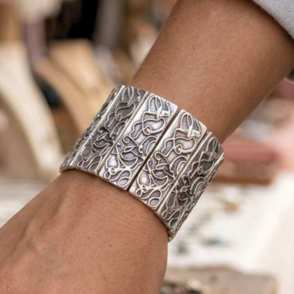 Brazalete Pulsera Zamak Plateado Vintage – Labrado Envejecido Unisex