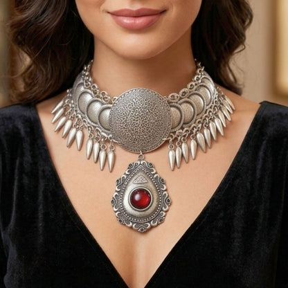 Collar Gargantilla Zamak Plateado con Piedra Roja | Joyería Osnor