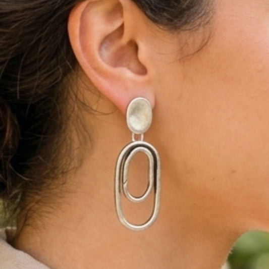 Pendientes Largos Zamak Plateados | Doble Aro Oval | Joyería Osnor