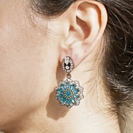 Pendientes Rosetón Plata y Bronce – Circonitas Blancas y Piedras Naturales