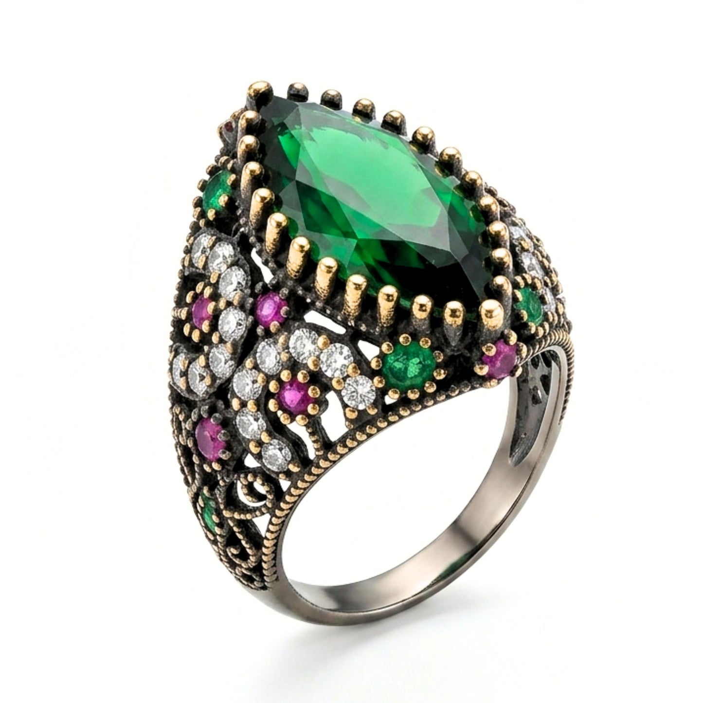 Anillo Sortija Ágata Verde y Circonitas Blancas | Plata y Bronce | Joyería Osnor