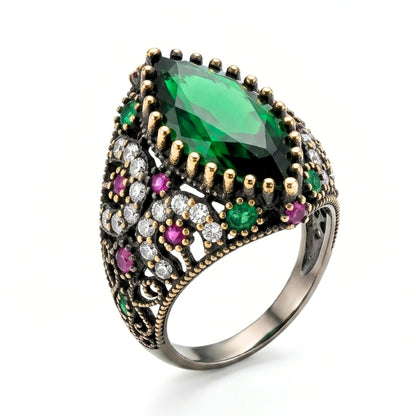 Anillo Sortija Ágata Verde y Circonitas Blancas | Plata y Bronce | Joyería Osnor