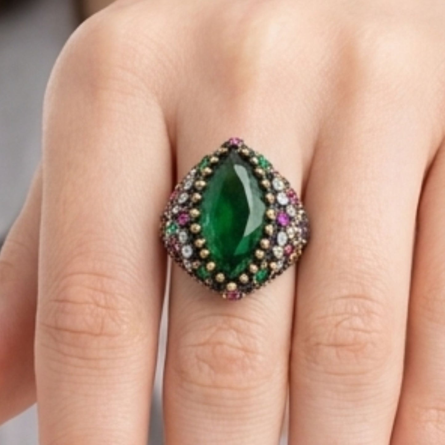 Anillo Sortija Ágata Verde y Circonitas Blancas | Plata y Bronce | Joyería Osnor