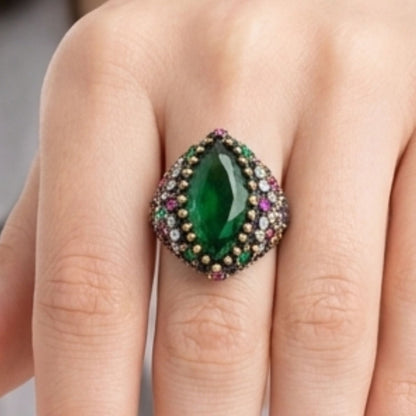 Anillo Sortija Ágata Verde y Circonitas Blancas | Plata y Bronce | Joyería Osnor