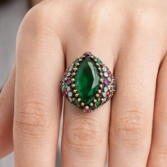 Anillo Sortija Ágata Verde y Circonitas Blancas | Plata y Bronce | Joyería Osnor