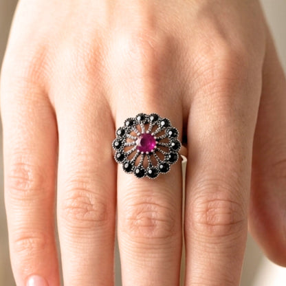 Anillo Sortija Mujer Plata con Ágata Roja y Marquesitas | Joyería Osnor