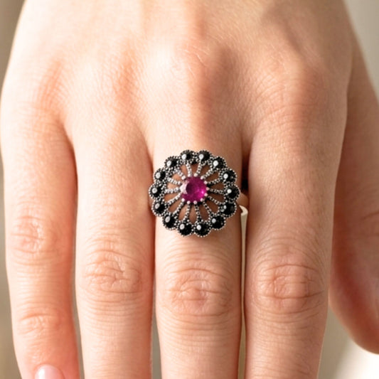 Anillo Sortija Mujer Plata con Ágata Roja y Marquesitas | Joyería Osnor