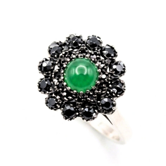 Sortija Flor Ágata Verde y Marquesitas Vintage | Plata y Bronce