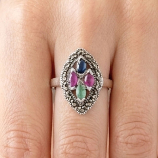 Anillo Marquesa Plata y Bronce con Piedras Naturales | Joyería Osnor