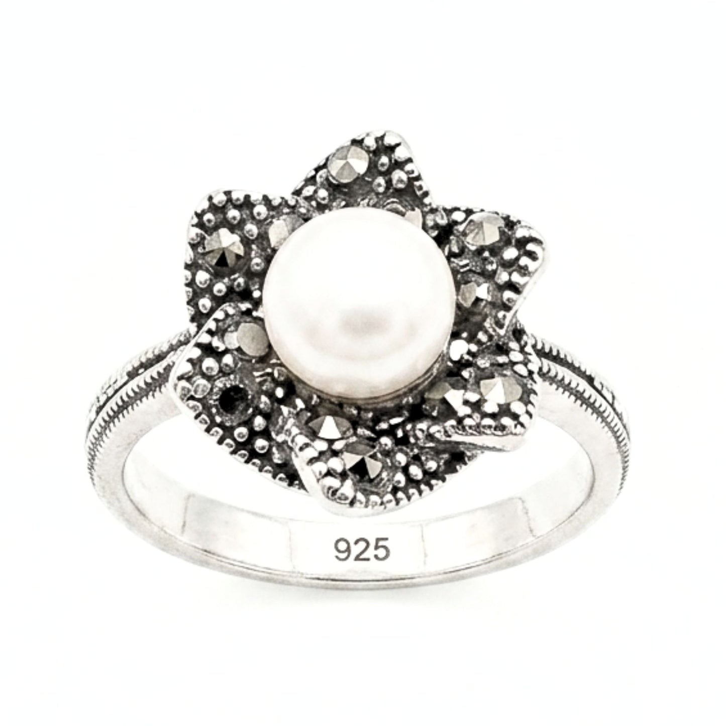 Sortija Mujer Plata 925 con Perla Cultivada 6mm | Diseño Flor Vintage