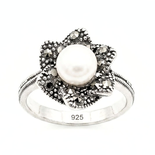 Sortija Mujer Plata 925 con Perla Cultivada 6mm | Diseño Flor Vintage