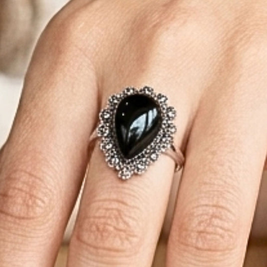 Anillo Sortija Mujer Plata Ónix Negro y Marquesitas Vintage | Joyería Osnor