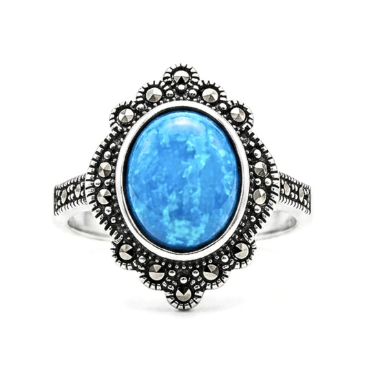 Anillo Sortija Mujer Plata con Turquesa y Marquesitas | Diseño Vintage Elegante