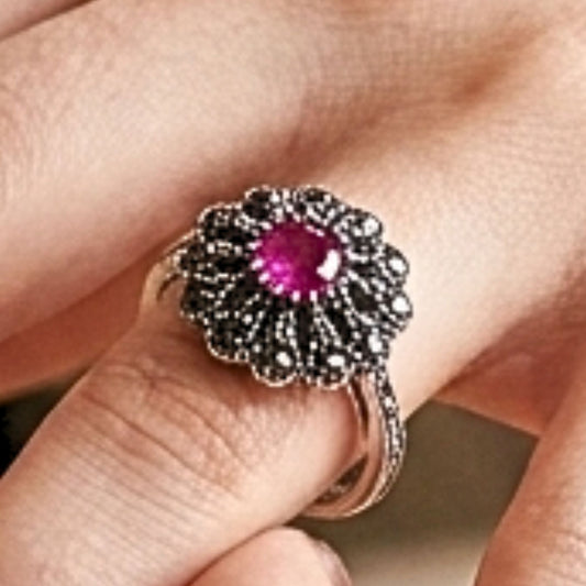 Anillo Sortija Mujer Plata Ágata Roja y Marquesitas | Diseño Vintage Exclusivo