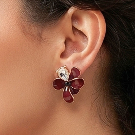 Pendientes Acero Flor Esmalte Granate con Circonita | Joyería Osnor