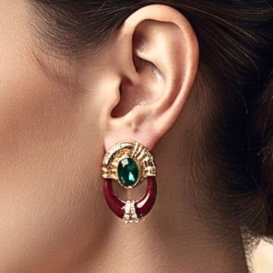 Pendientes Circonita Verde Esmalte Marrón Chapado Oro 14K | Joyería Osnor