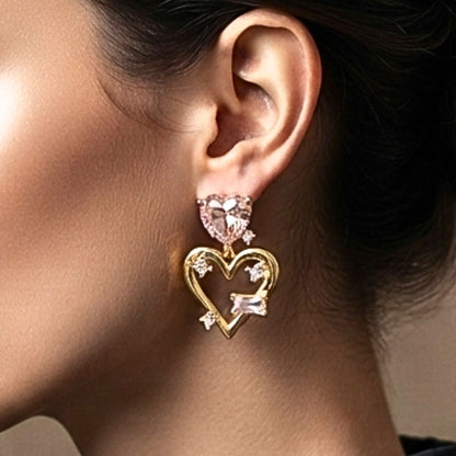 Pendientes Acero Corazón Rosa Dorado | Circonita Rosa & Chapado Oro 14K | Joyería Osnor