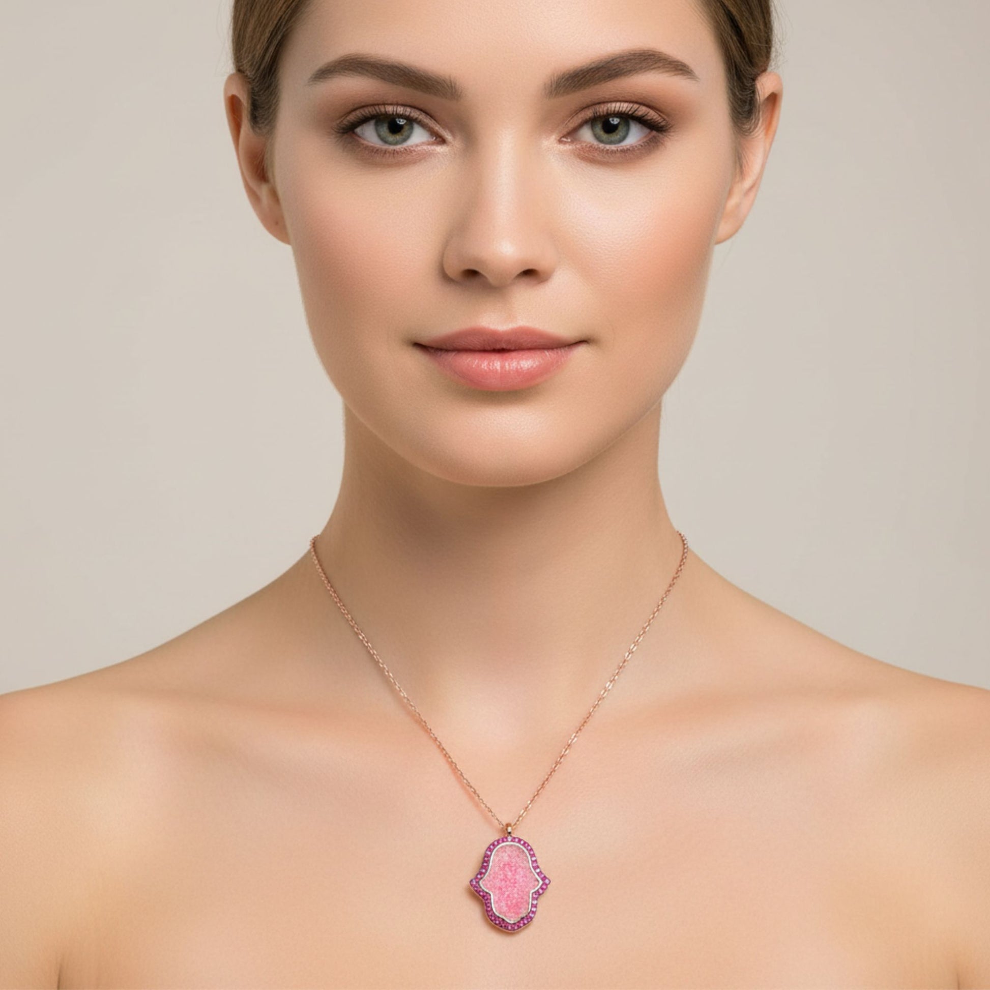 Collar Gargantilla Plata Rosa con Nácar y Circonitas Mano de Fátima. Joyeria Osnor