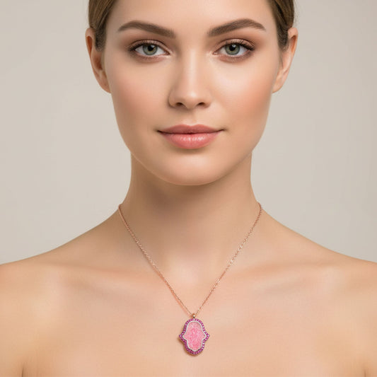 Collar Gargantilla Plata Rosa con Nácar y Circonitas Mano de Fátima. Joyeria Osnor