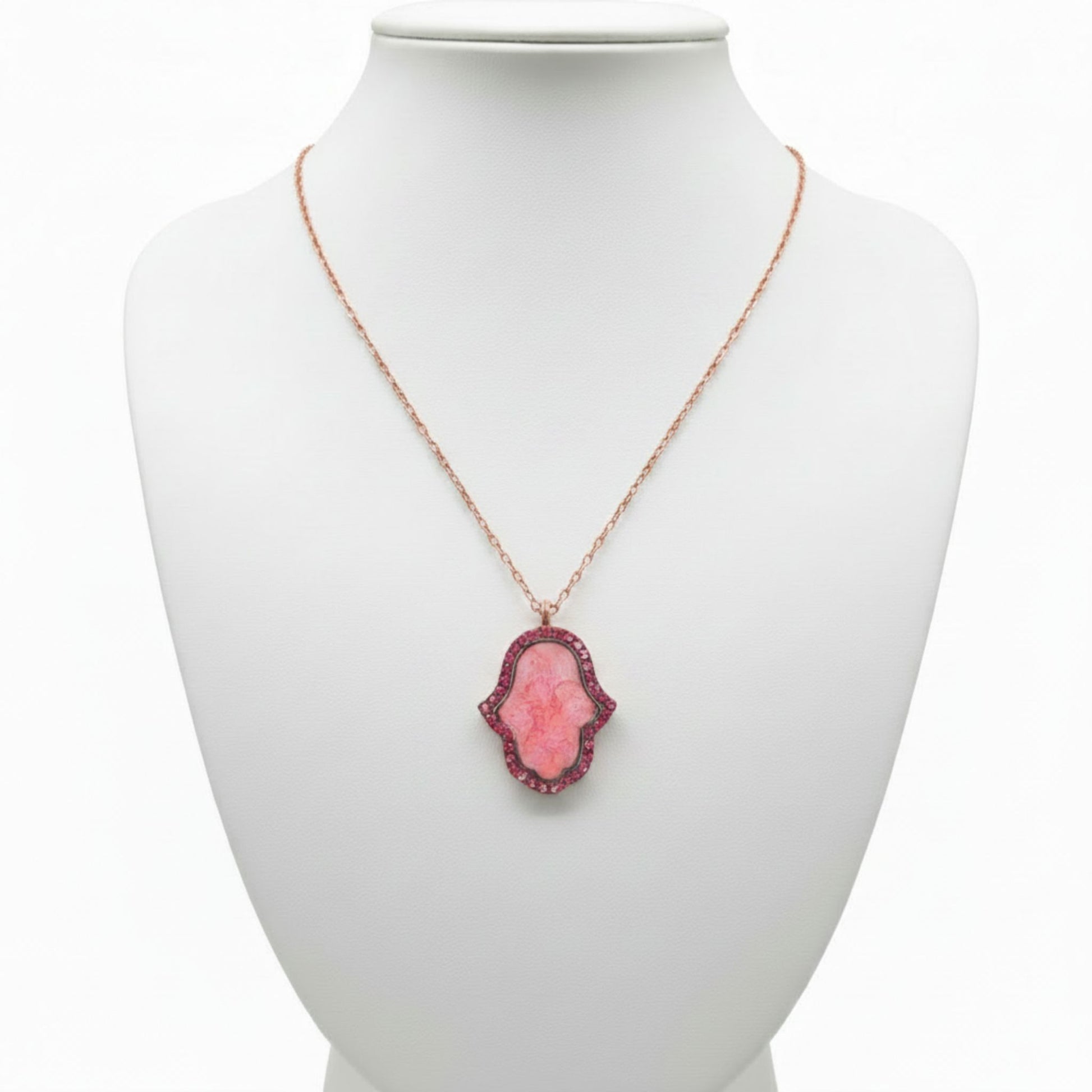 Collar Gargantilla Plata Rosa con Nácar y Circonitas Mano de Fátima. Joyeria Osnor