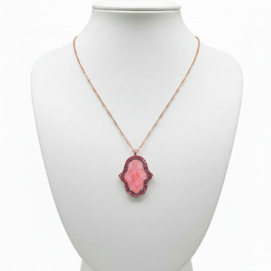 Collar Gargantilla Plata Rosa con Nácar y Circonitas Mano de Fátima. Joyeria Osnor