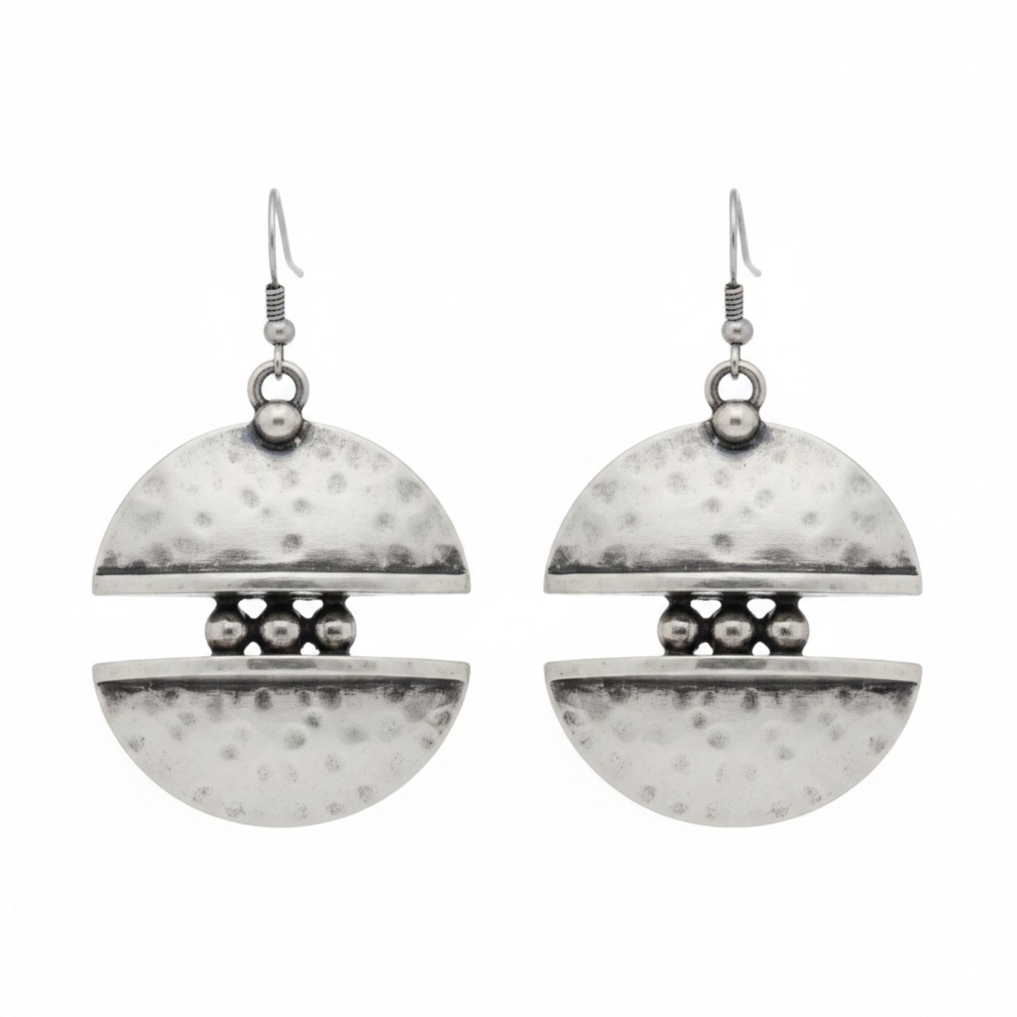 Pendientes Zamak Mujer Plateado Disco Partido Doble Semiluna Martillado. Joyeria Osnor