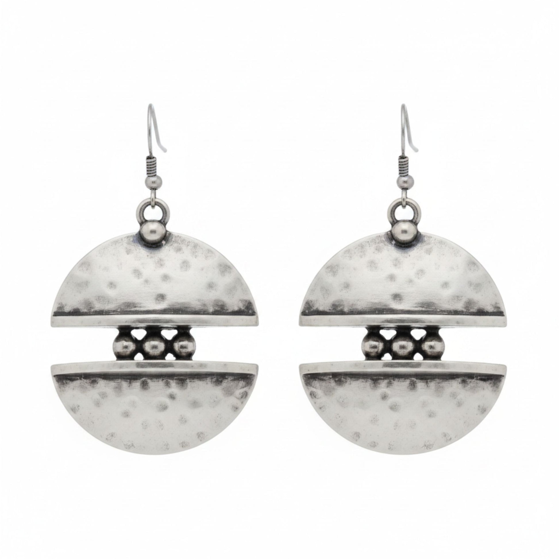Pendientes Zamak Mujer Plateado Disco Partido Doble Semiluna Martillado. Joyeria Osnor